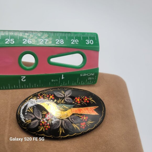 Vintage Russian Gold Bird Brooch Pin Hand Painted Lacquered Flower - Picture 4 of 6